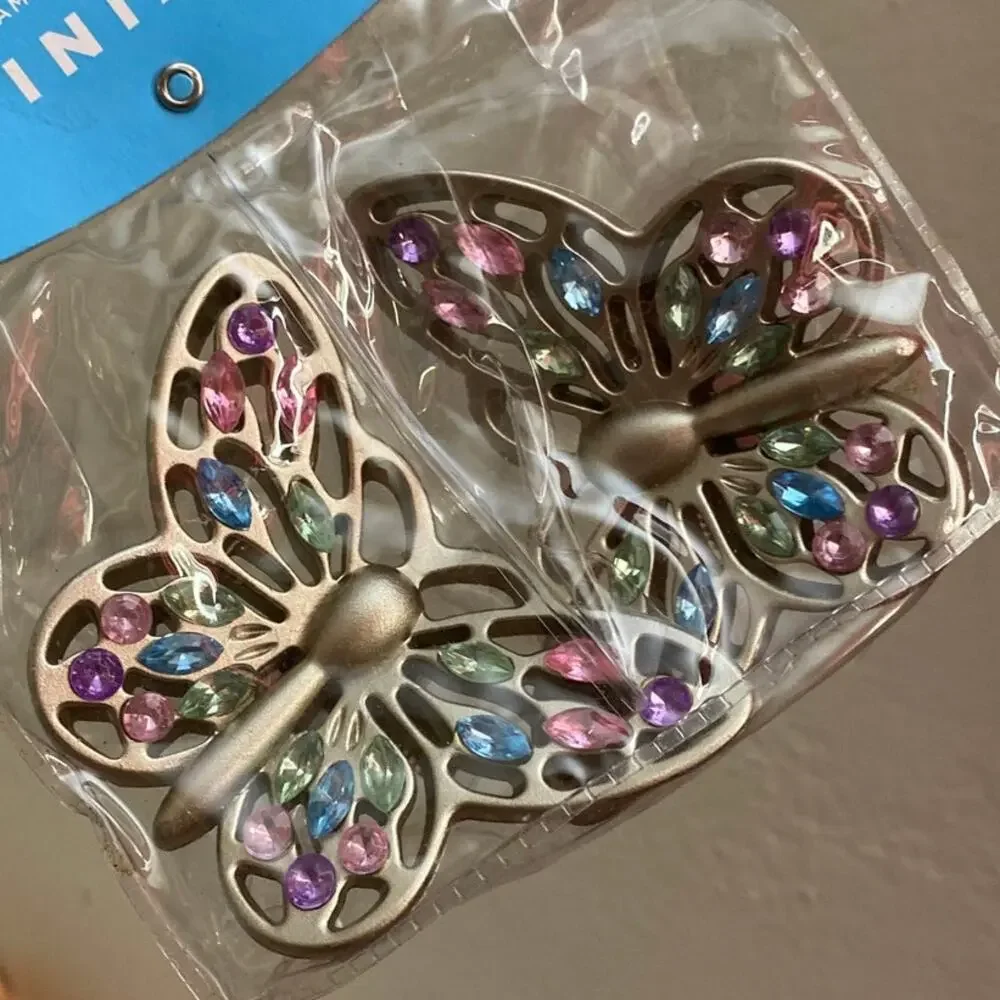 Butterfly Curtain Rod Butterflies Silver Multicolor Gem Sparkle Finial Decor NEW